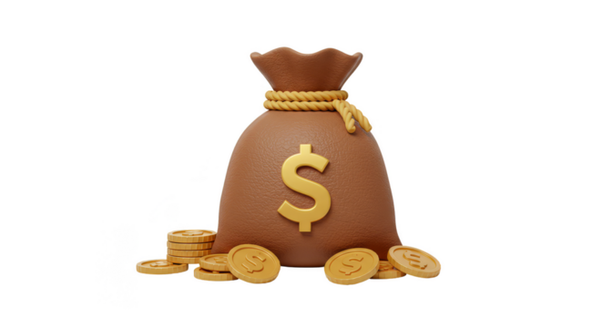 3D Illustration Brown Money Bag with Dollar Sign Golden Coins - Powered by Adobe