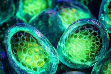 Microscopic view of cells with luminous green interiors, representing biology, scientific research, and medical advancement.