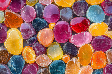 A colorful collection of polished agate gemstones creates a vibrant and eye-catching abstract natural rock surface.