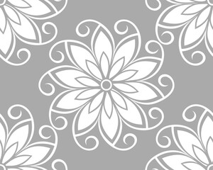 Elegant seamless floral pattern with white flowers arranged symmetrically on a light gray backdrop.