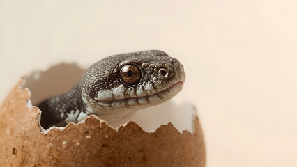 Fototapeta premium Newborn Lizard Hatching from Cracked Egg on Light Background in a Studio Shot