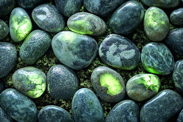 Polished river stones gleam in shades of green, grey and black, resting on mossy ground, creating a natural, soothing texture.