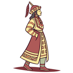 Fototapeta premium Mongolian Noblewoman in Royal Attire and Headdress Vector Illustration. Perfect for: Mongolian New Year (Tsagaan Sar), Cultural Exhibitions