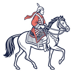 Mongolian Man in Traditional Deel Riding Horse Vector Illustration. Perfect for: Naadam Festival, Mongolian National Pride Day, Nomadic Culture Events