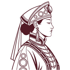 Mongolian Noblewoman in Royal Attire and Headdress Vector Illustration. Perfect for: Mongolian New Year (Tsagaan Sar), Cultural Exhibitions
