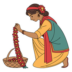 Nepali Woman in Traditional Dress Holding Flower Garland Vector Art. Perfect for: Tihar Festival, Nepali New Year, Cultural Ceremonies
