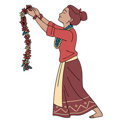 Nepali Woman in Traditional Dress Holding Flower Garland Vector Art. Perfect for: Tihar Festival, Nepali New Year, Cultural Ceremonies