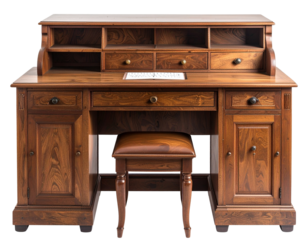 Antique writing desk, classic wood finish, transparent background