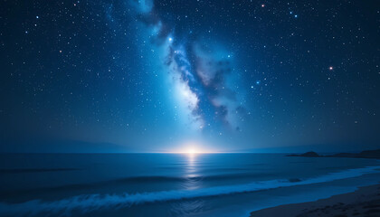 Naklejka premium Night seascape with milky way galaxy shining above the ocean with a horizon light glow view scene