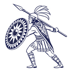 Aztec Warrior in Traditional Costume with Shield Vector Illustration. Perfect for: Día de la Raza, Aztec History Exhibitions, Indigenous Culture Day