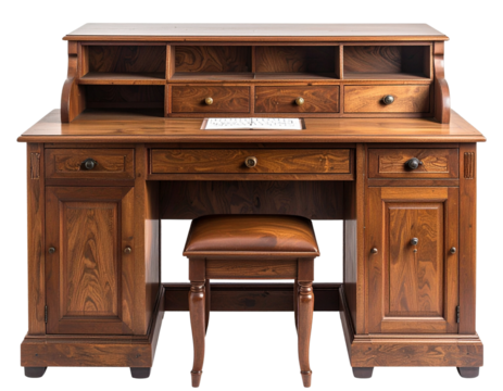 Antique writing desk, classic wood finish, transparent background