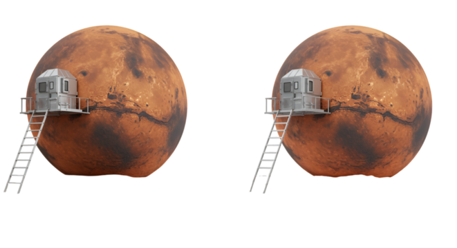 3D Illustration Of Mars Planet with a Space Base and Ladder Access