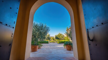 Grand entrance of a luxury house with a serene outdoor landscape, embodying elegance and tranquility.
