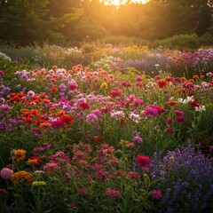 Fototapeta premium Vibrant Flower Garden at Sunset