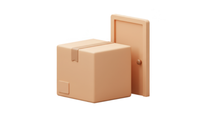 3D Package Delivery Box Leans Brown Door Transparent Background