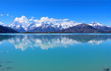 Naklejka premium Snow - capped Mountains and Lake Natural Scenery