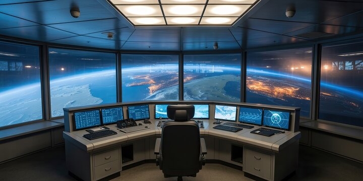 Futuristic control room with a view of Earth from space.