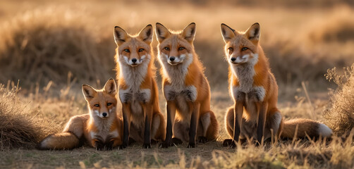 Fototapeta premium Red fox sitting in the wild with a furry coat and cunning look