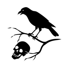 Black bird sitting on a dry branch skull Vector