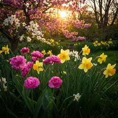 Fototapeta premium Vibrant Spring Garden at Sunset with Pink Peonies and Yellow Daffodils