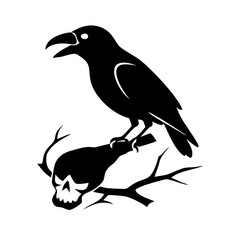 Black bird sitting on a dry branch skull Vector