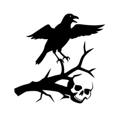 Black bird sitting on a dry branch skull Vector