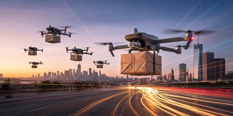 Urban delivery drones flying over a cityscape at sunset.