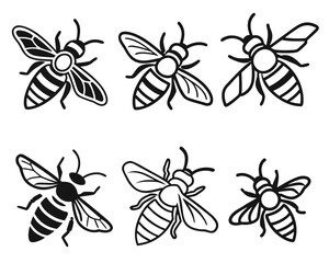 Collection of six decorative black and white honeybee insect illustrations isolated on white background.