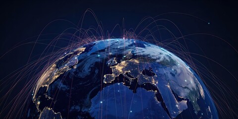 Global connectivity illustrated through illuminated data lines over Earth.