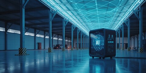 Futuristic warehouse with AI technology and blue lighting.