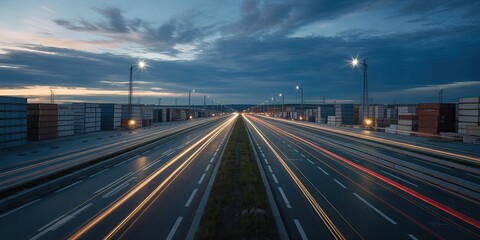 Obraz premium Industrial scene with illuminated highway and shipping containers at dusk.