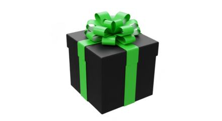 3D Render Black Gift Box with Green Bow on Transparent Background