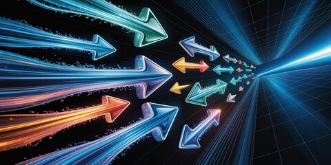 Dynamic arrows moving in various directions through a grid background.