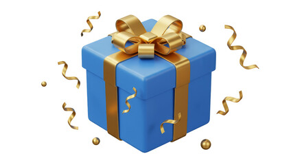 3D Render Blue Gift Box Gold Ribbon Confetti Celebration Present