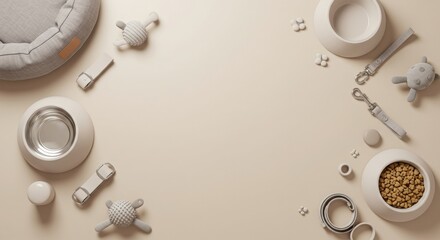 modern pet products lay flat, minimal modern composition, unique corner or copy space, soft light,