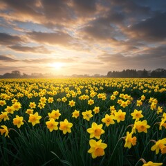 Obraz premium Vibrant Yellow Daffodil Field at Sunrise