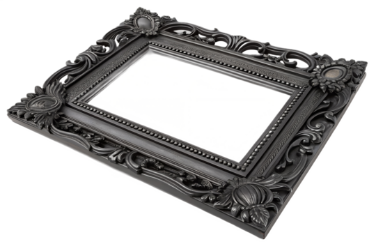 Ornate black frame with floral details stands out