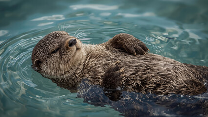 Sea Otter Floating Peacefully on Teal Water