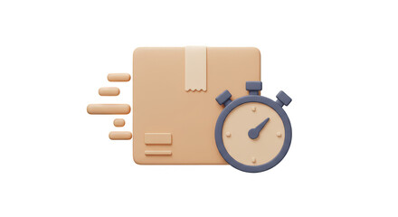 3D Render Fast Delivery Box with Stopwatch on Transparent Background