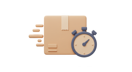 3D Render Fast Delivery Box with Stopwatch on Transparent Background