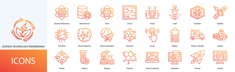 sciene technology engineering icon collection set. Containing Quantum Mechanics, Data Science, Atom, Circuit, Robot, Laser, Quantum, Satellite, Processor icon