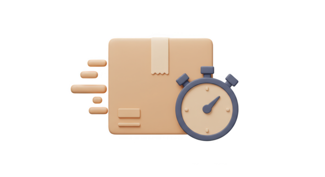 3D Render Fast Delivery Box with Stopwatch on Transparent Background