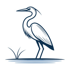 Graceful heron stands in marsh grass, a minimalist line art design that is ideal for logos and branding projects.