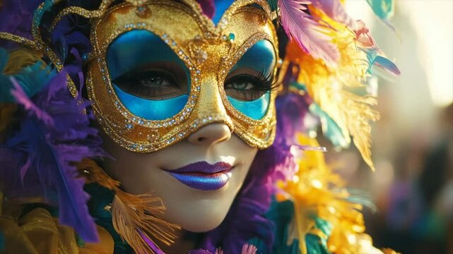 Ornate masquerade mask, vibrant feathers, enigmatic gaze