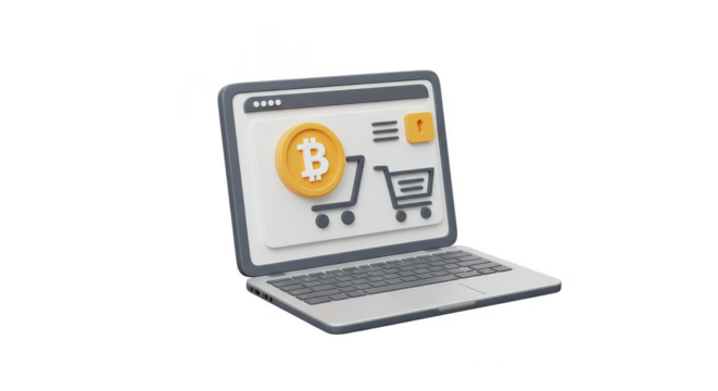 3D Render Laptop with Bitcoin Shopping Cart E Commerce Finance
