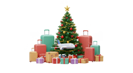 3D Render of Christmas Tree Gifts Travel Presents Airplane Luggage