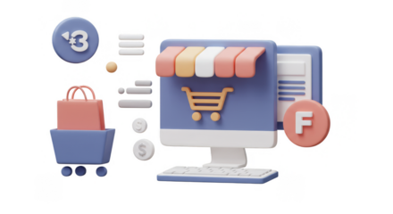 3D Render of Online Shopping Concept with Market Computer and Cart