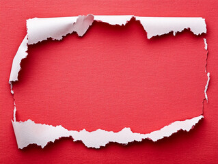 A vibrant red paper background with a horizontal torn opening revealing another layer of red, creating a dynamic textured frame.