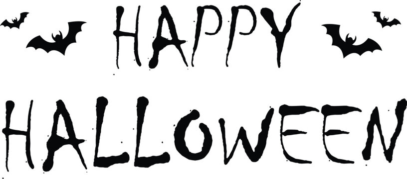 Happy Halloween Text with Flying Bats in Spooky Ink Style. Hand Drawn Typography Design