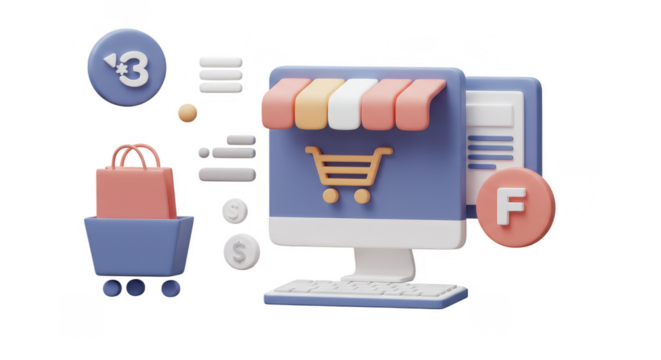 3D Render of Online Shopping Concept with Market Computer and Cart - Powered by Adobe